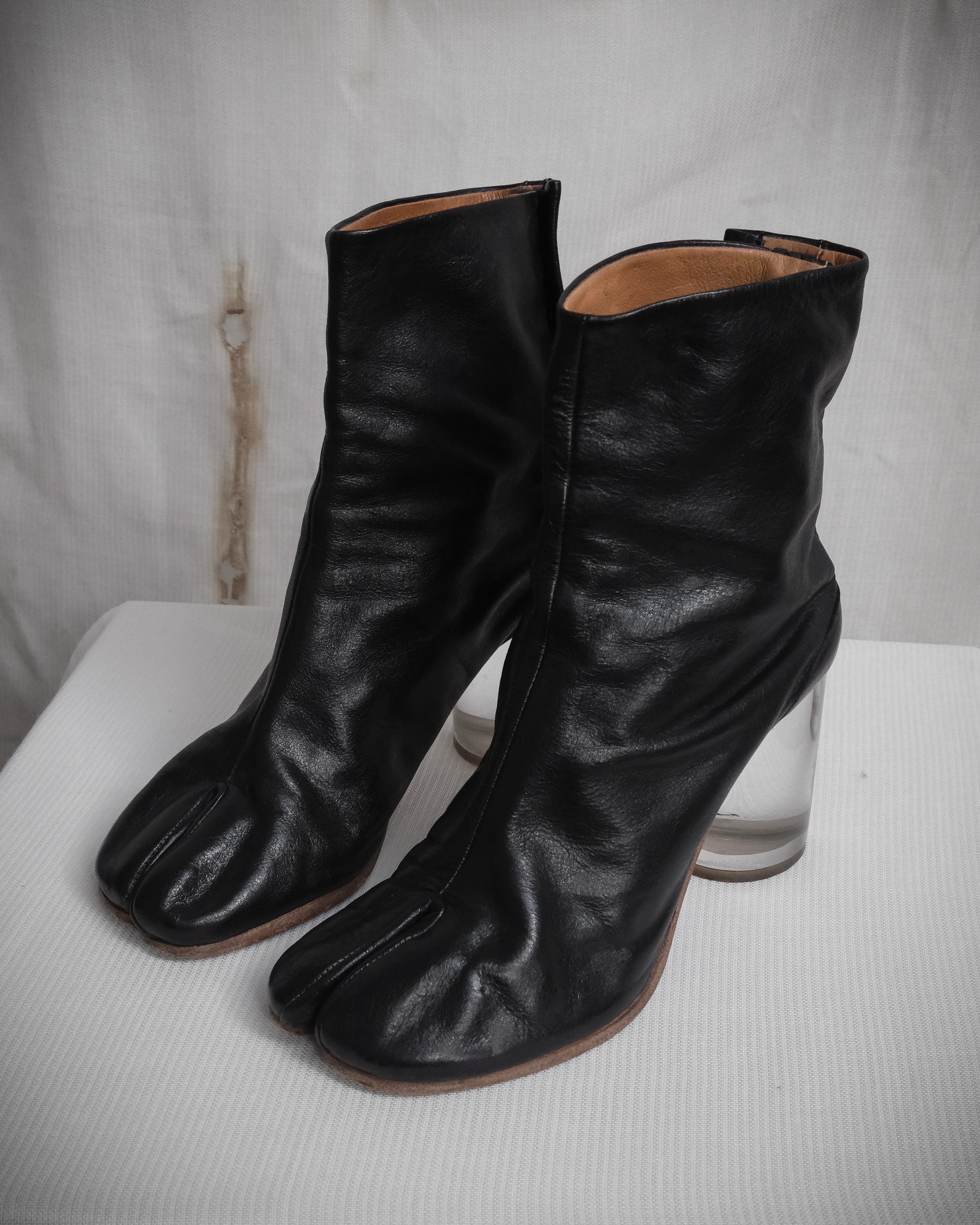 MAISON MARTIN MARGIELA Black Leather Tabi Boots with Plexiglass Heel – SS 2012, EU 37