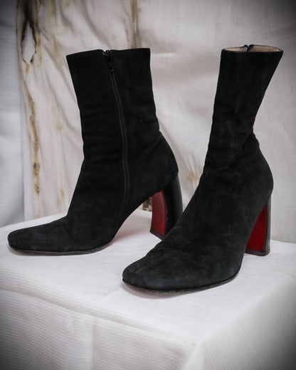 ANN DEMEULEMEESTER Black Ankle Boots with Red Sole and Banana Heel - Fall 1996, EU 38