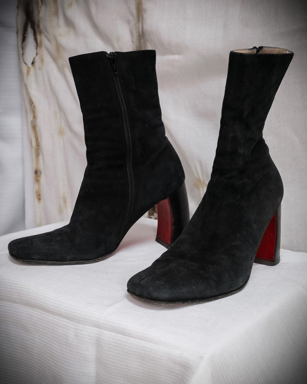 ANN DEMEULEMEESTER Black Ankle Boots with Red Sole and Banana Heel - Fall 1996, EU 38