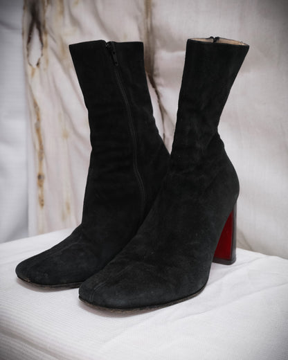 ANN DEMEULEMEESTER Black Ankle Boots with Red Sole and Banana Heel - Fall 1996, EU 38