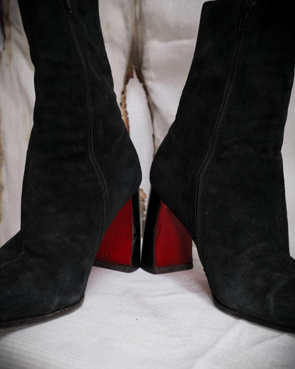 ANN DEMEULEMEESTER Black Ankle Boots with Red Sole and Banana Heel - Fall 1996, EU 38
