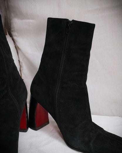 ANN DEMEULEMEESTER Black Ankle Boots with Red Sole and Banana Heel - Fall 1996, EU 38