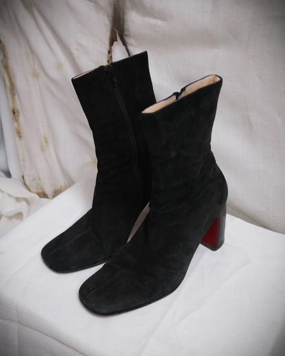 ANN DEMEULEMEESTER Black Ankle Boots with Red Sole and Banana Heel - Fall 1996, EU 38