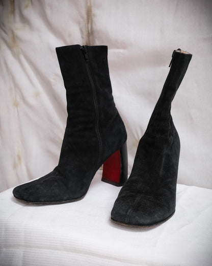 ANN DEMEULEMEESTER Black Ankle Boots with Red Sole and Banana Heel - Fall 1996, EU 38