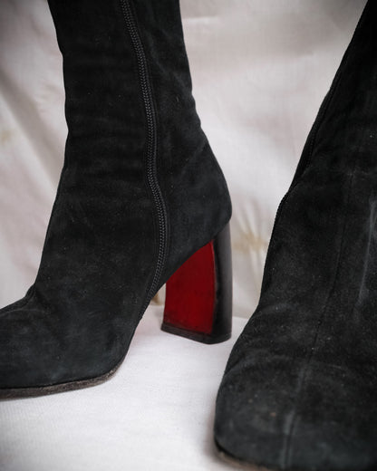 ANN DEMEULEMEESTER Black Ankle Boots with Red Sole and Banana Heel - Fall 1996, EU 38