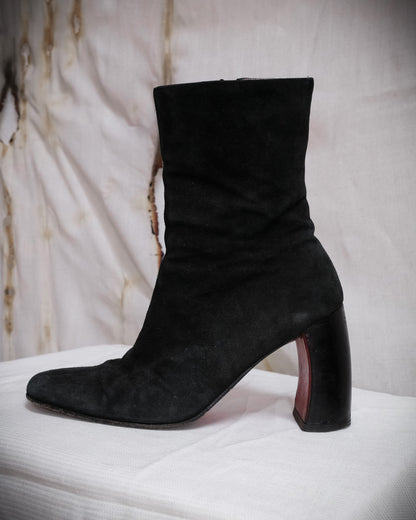 ANN DEMEULEMEESTER Black Ankle Boots with Red Sole and Banana Heel - Fall 1996, EU 38