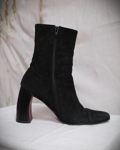 ANN DEMEULEMEESTER Black Ankle Boots with Red Sole and Banana Heel - Fall 1996, EU 38