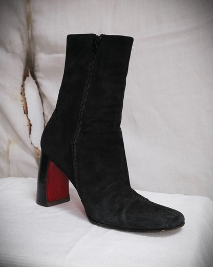 ANN DEMEULEMEESTER Black Ankle Boots with Red Sole and Banana Heel - Fall 1996, EU 38
