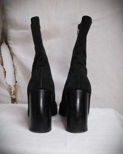 ANN DEMEULEMEESTER Black Ankle Boots with Red Sole and Banana Heel - Fall 1996, EU 38