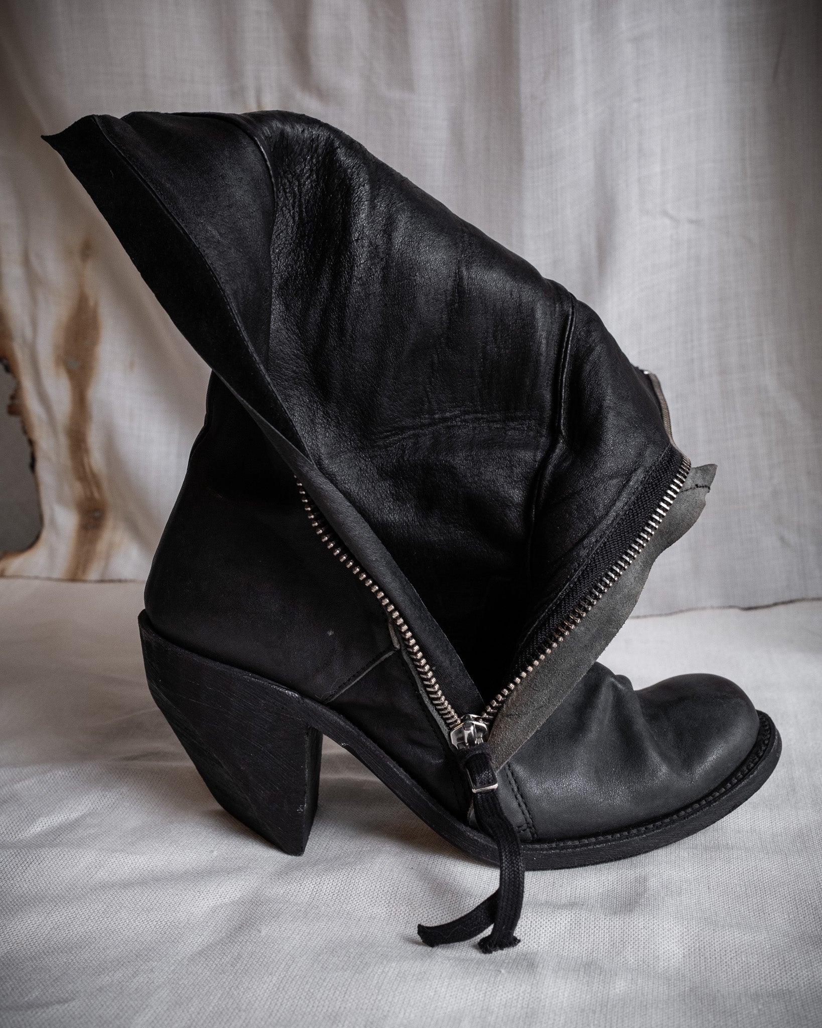 Close-up of the zipper detail on Boris Bidjan Saberi avant-garde boots