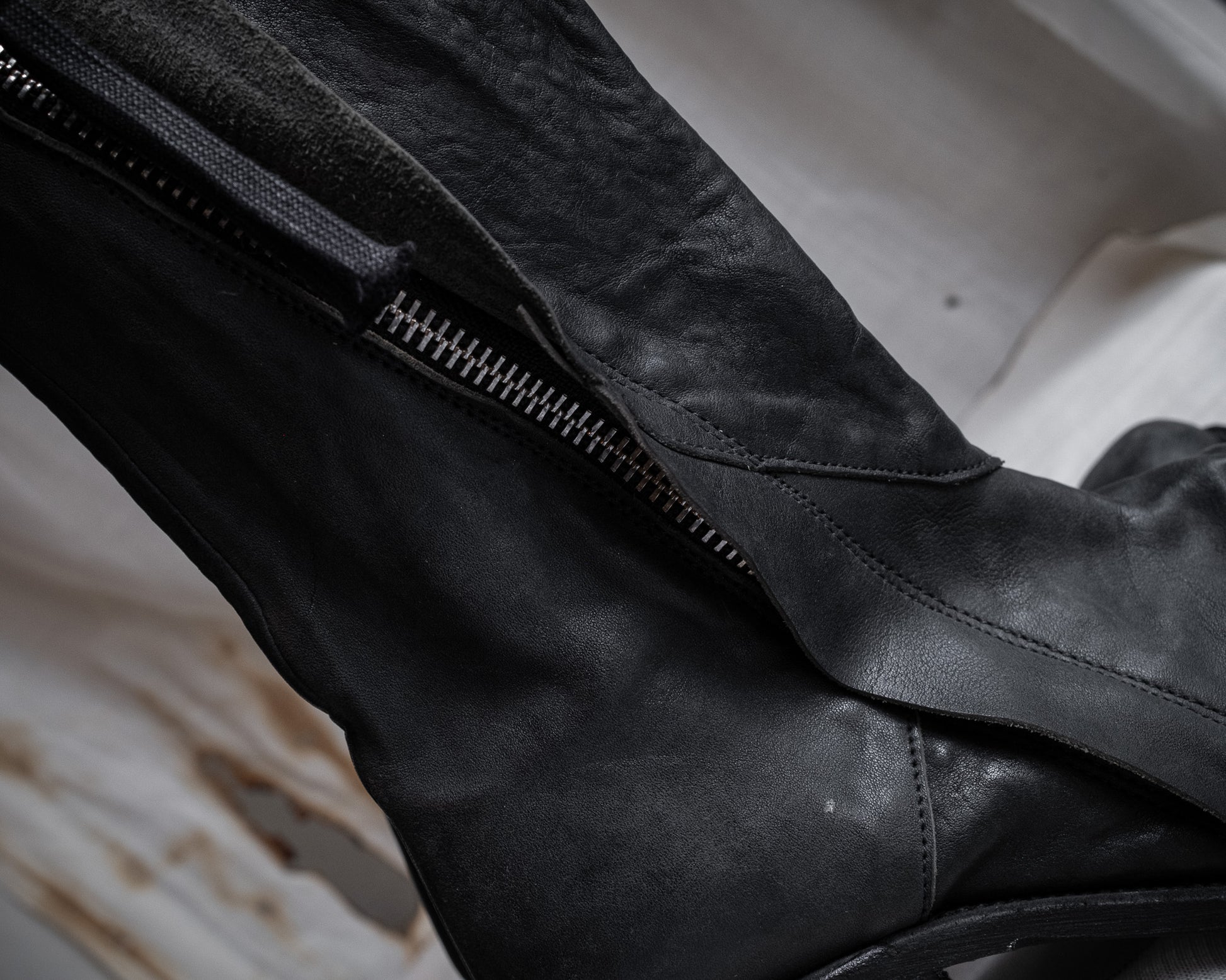 Close-up of the zipper detail on Boris Bidjan Saberi avant-garde boots