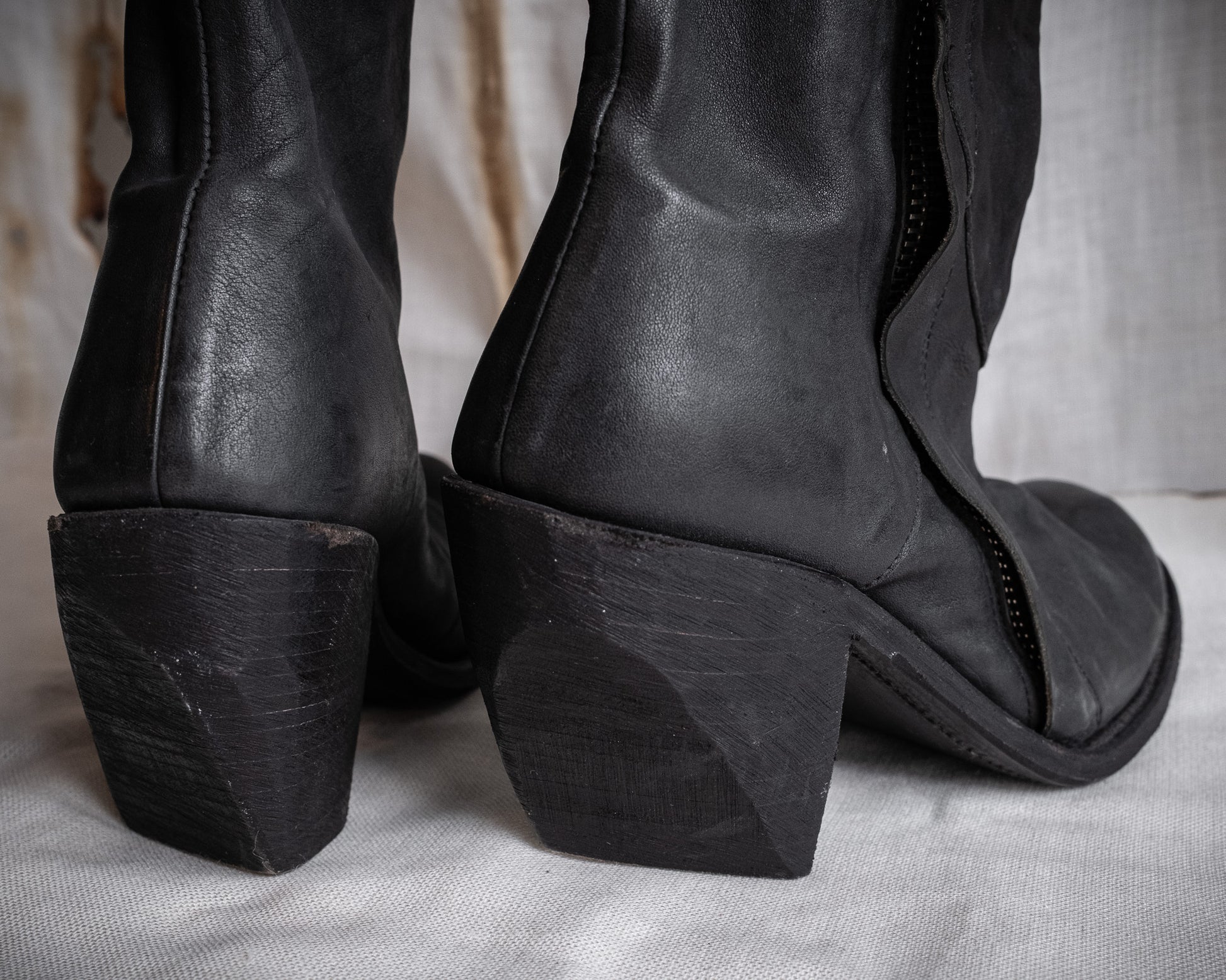 Close-up of the block heels on Boris Bidjan Saberi avant-garde boots