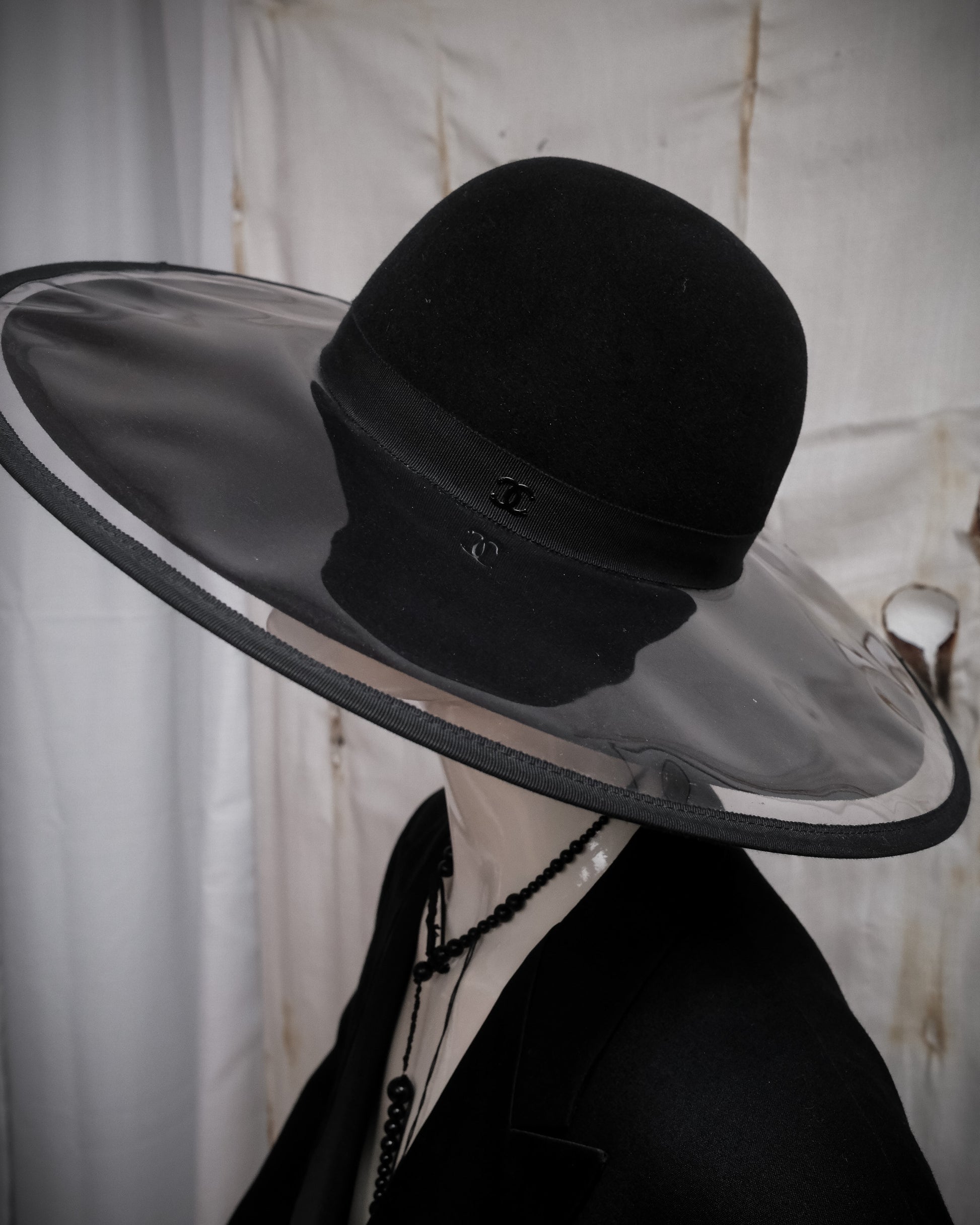 Chanel double brim hat with transparent PVC overlay over wool base, early 2000s sculptural designer piece details