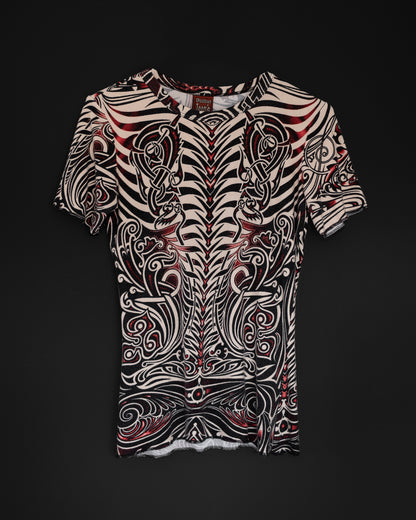Jean Paul Gaultier Cyberbaba 1996 tribal tattoo tee in off-white with black and red print, fitted stretch viscose top with exposed overlock seams