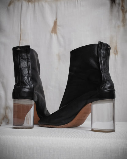 MAISON MARTIN MARGIELA Black Leather Tabi Boots with Plexiglass Heel – SS 2012, EU 37