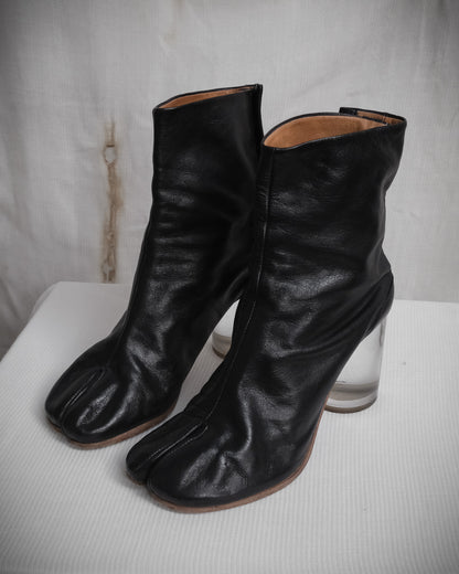 MAISON MARTIN MARGIELA Black Leather Tabi Boots with Plexiglass Heel – SS 2012, EU 37